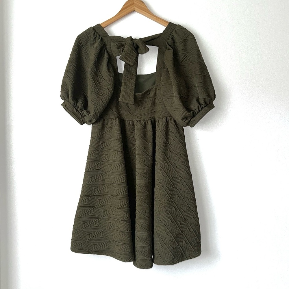 Free People Olive Green Textured Puff Sleeve Mini Dress - Picture 9 of 12